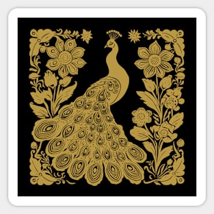 Mustard Yellow Block Print Peacock with Flowers Sticker